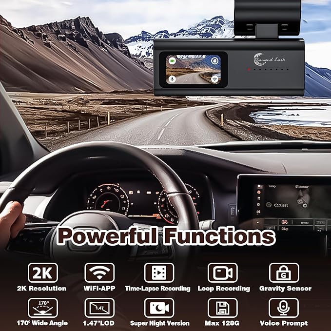 2K Front Dash Cam with WiFi, Diamond Lark 1440P Dash Camera for Cars with Free 32GB Card, Dashboard Dashcam, 1.47” LCD Screen, 170°Wide Angle, 24H Parking Mode, Night Vision, Detachable Bracket