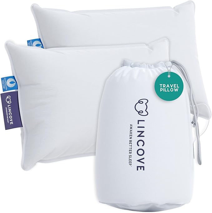 Lincove Canadian Down Feather Travel Pillow Pack of 2 - Luxury Pillows to Support Head, Neck, While Sleeping on Airplanes, Cars, Hotels & Home - Comfortable Vacation Sleeping Essential, 13"x18"