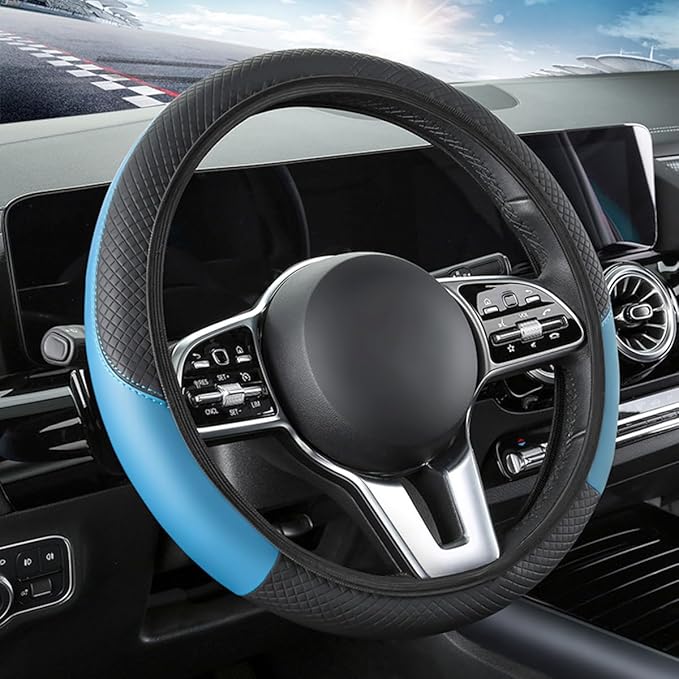 Car Steering Wheel Cover, Elastic Stretch Leather Non-Slip Vehicle Steering Wheel Guard, Automotive Interior Protective Decor Accessories, Universal for SUV RV Truck (Black/Blue)