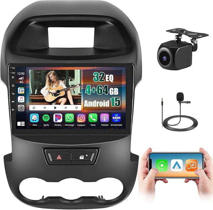 [4+64G] Realdio Android 15 Car Radio for Ford Ranger 2011-2015 with Wireless CarPlay Android Auto, 9 Inch Touch Screen Car Stereo for Ford Ranger with GPS WiFi, Bluetooth 5.0 FM/RDS 32EQ Backup Camera