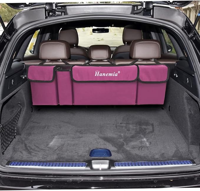 Hanemia Car Trunk Organizer, Backseat Hanging Storage with 4 Large Pockets, Collapsible Cargo Bag with Adjustable Straps Frees Trunk Floor, Sturdy Space Saving Expert for SUV, Truck, Van (Purple)