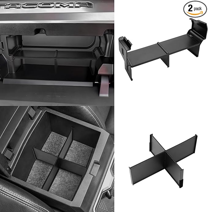 Autorder 2PCS Center Console Organizer for Toyota Tacoma 2024-2026/4Runner 2025-2026 Accessories Multi-Grid Glove Box Organizer for Tacoma/4Runner Armrest Storage Divider Insert Tray