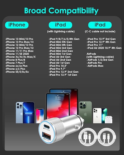 iPhone Fast Car Charger,[Apple Certfied] 38W Dual USB C Car Charger Adapter All Metal 2 Port Quick Charging with 2Pack Apple Lightning Cable for iPhone 13 Pro Max Mini 12 11 Xr Xs X 8 AirPods iPad