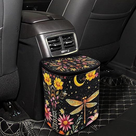 Moon Floral Dragonfly Car Trash Can with Lid, Cute Leakproof Car Trash Garbage Bag Hanging Vehicle Trash Bin Small Portable Automotive Garbage Cans Organizer for Back/Front Seat/Console