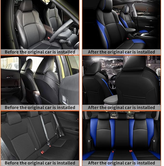 AOMSAZTO Car Seat Cover Fit for Toyota CHR 2018-2022 Faux Leather Seat Covers Protector Compatible Airbag Waterproof C-HR Full Set Black&Blue