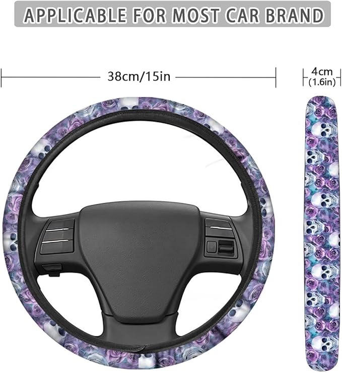 AFPANQZ Steering Wheel Protection for Automotive Steering Wheel Covers, Skull Purple Rose Sweat Absorption Comfort Grip for Driver Women Men