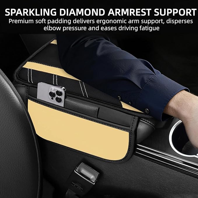 NBTEPEM Beige Center Console Cover, Sporty Leather Armrest Cover Cushion with 2 Storage Pockets, Universal Auto Middle Console Protector, Car Interior Accessories for Most SUV, Truck, Sedan Vehicles