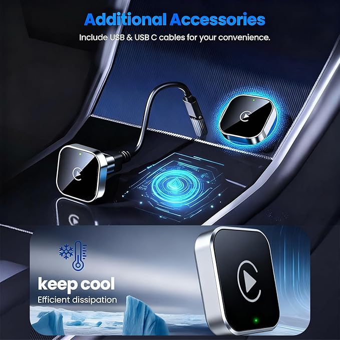 Wireless CarPlay Adapter & Android Auto Dongle, Shiny Silver，Fast Auto-Connect, Compact Plug & Play Wireless CarPlay Converter for iPhone & Android, USB/USB-C, No Delay, Seamless Reconnection