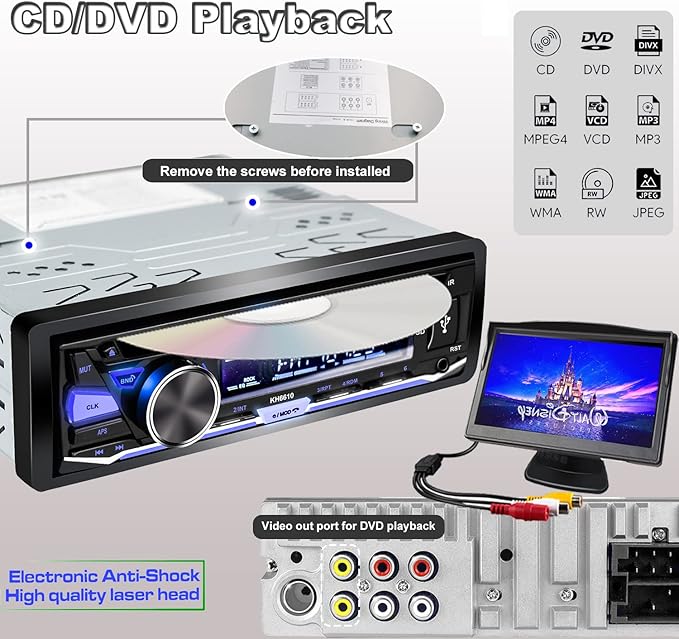 Single Din Car Stereo with CD/DVD Player | Bluetooth | FM/AM/RDS Radio | USB SD AUX Audio Receiver
