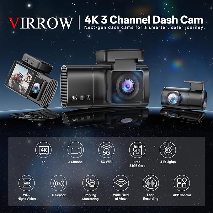 3 Channel Dash Cam: 4K+1080P+1080P-Dash Cam Front and Rear Inside with Free 64GB Card & 5GHz WiFi - Dash Camera for Cars with IR Night Vision APP Control Parking Mode G-Sensor Loop Recording(X7)