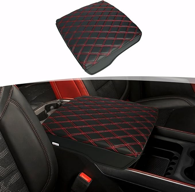 Center Console Cover for 2019-2026 Dodge Ram 1500 2500 3500 Accessories, Vinyl Leather for 5th Ram 1500 Armrest Cushion Pad Anti-Scratch, Black/Red Stitching(Bucket Seat Only)