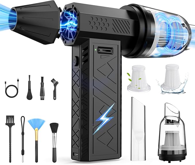 Compressed Air Duster and Vacuum 2 in 1, 180000RPM Powerful Electric Air Duster, 100-Gear Adjustable Ultra Brushless Motor, 8000mAh Rechargeable Air Blower for Computer, Electronics, Car, Home