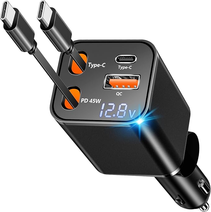 [Apple MFi Certified] Retractable Car Charger USB C, Caiinei 120W USB C Car Charger 4 in 1 PD/QC Type C Fast Charging Cigarette Lighter Adapter for iPhone 17/17 Pro Max/16 Pro/15/Galaxy S25/S24/Pixel