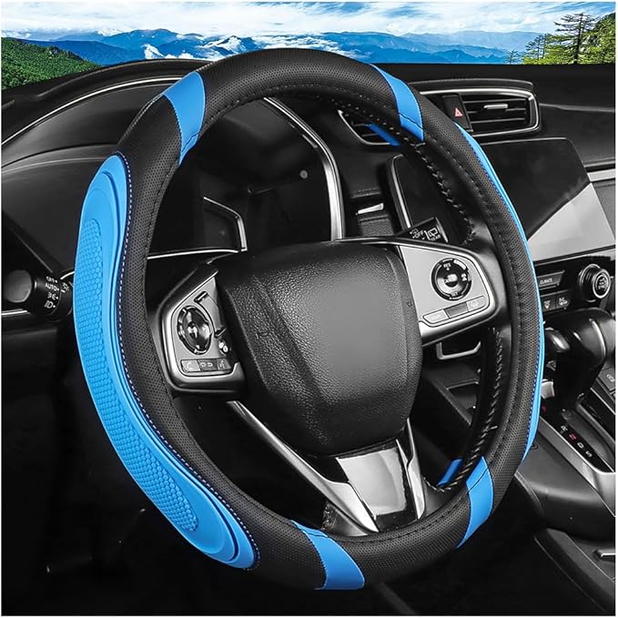 Car Steering Wheel Cover, Breathable Soft Leather Vehicle Wheel Cover Protector for Men Women, Non-Slip Automotive Interior Protection Accessories, Universal for Most Vehicles (Black/Blue)