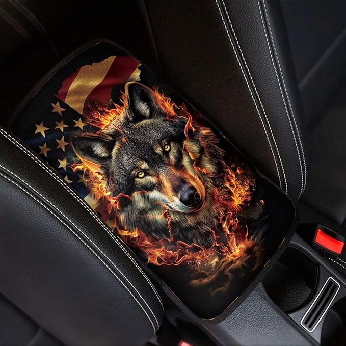 American Flag Car Center Console Cover Wolf Car Armrest Cover Soft Comfortable Armrest Cover for Car Center Console Universal Fit Most Car,SUV,Trucks Car Deco Accessories