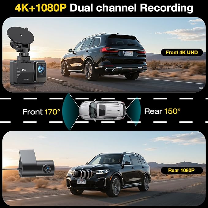 4K Dash Cam Front Rear, Dual Channel Dash Cams with 64GB Card 4K+1080P, Dash Camera for Cars with 5G WiFi, APP Control,2.0" IPS Screen,Night Vision,G-Sensor,170°Wide Angle,Parking Mode,Loop Recording