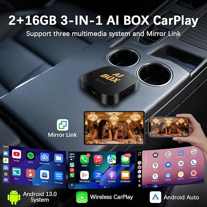 AI Box Carplay, 2+16GB Ai Magic Box for Streaming Netflix/YouTube/TikTok, Car Play Wireless Adapter Supports iPhone & Android Auto, Plug & Play, for Cars with OEM Wired CarPlay/Android Auto