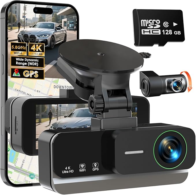 4K+4K Dash Cam Front and Rear, Free 128GB Card Included, 5.8GHz WiFi-20MB/s Fast Download, Dash Camera for Cars with Accurate GPS, G-Sensor, WDR Night Vision, 3.39" IPS Screen, 24H Parking Mode