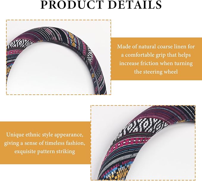 Boho Steering Wheel Cover, 15 Inch Coarse Flax Cloth Ethnic Style Anti-Slip Car Wheel Wrap, Universal Breathable Bohemian Steering Wheel Protector for Cars Vans Trucks (J)