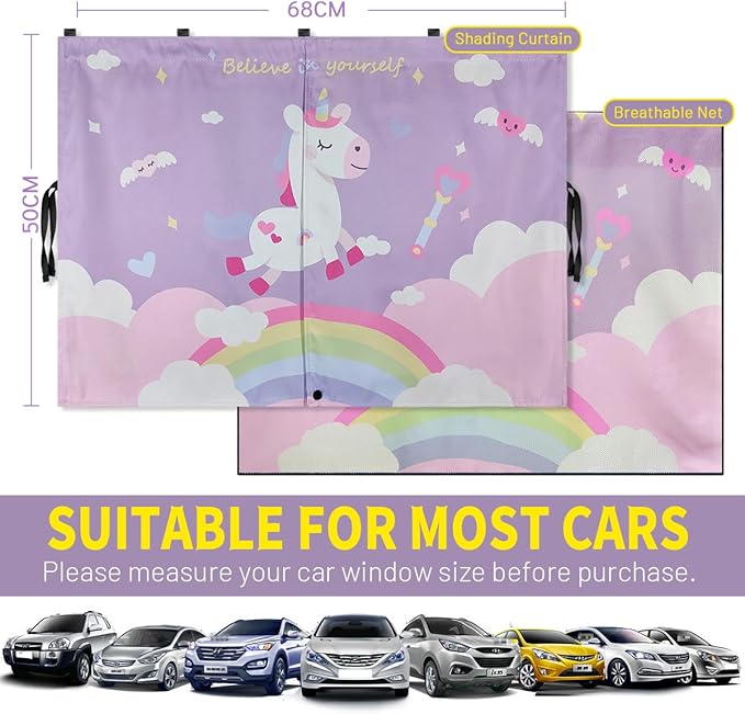 Car Window Shades, 2 PCS Magnetic Double Layer Car Sun Shade for Side Windows Privacy Full Covers/Half Shade Options Unicorn Patterns Car Window Curtains for Baby Protection