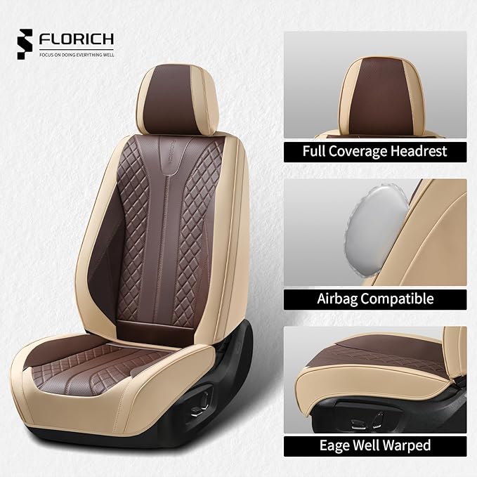 FLORICH Front Seat Covers 2 Pieces Universal Seat Cover for Cars Breathable Leather Waterproof Car Seat Cover Driver Seat Cover Automotive Car Seat Cushion Fit for Most Cars SUV Trucks, Beige&Coffee