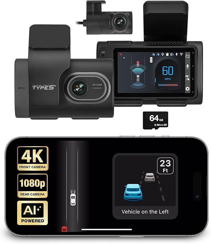 Type S T400 AI-Powered Driver Assistance 4K Dash Cam with ADAS, Collision Warnings, Lane and Pedestrian Detection, Vehicle Departure Reminders, Front Rear Smart Incident Video Surveillance, SD Card