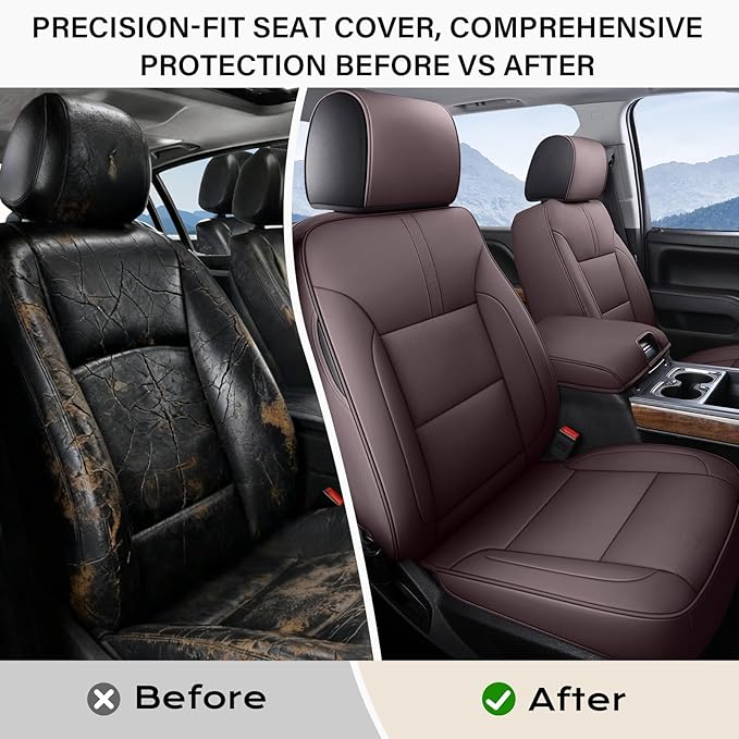 Coverado Chevy Silverado Seat Covers, Faux Leather Seat Covers Fit for Chevy Silverado GMC Sierra 2007-2026 1500, 2015-2026 2500HD 3500HD Crew Double Extended Cab (Front,Brown)
