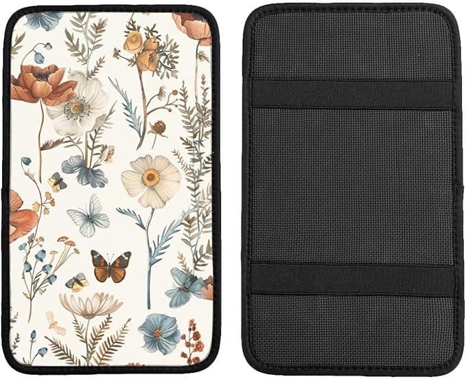 Universal Car Center Console Cushion Pad, Watercolor Flowers Botanicals Soft Waterproof Car Center Console Cover Auto Armrest Seat Box Cover Protector for Most Vehicle SUV Truck Car