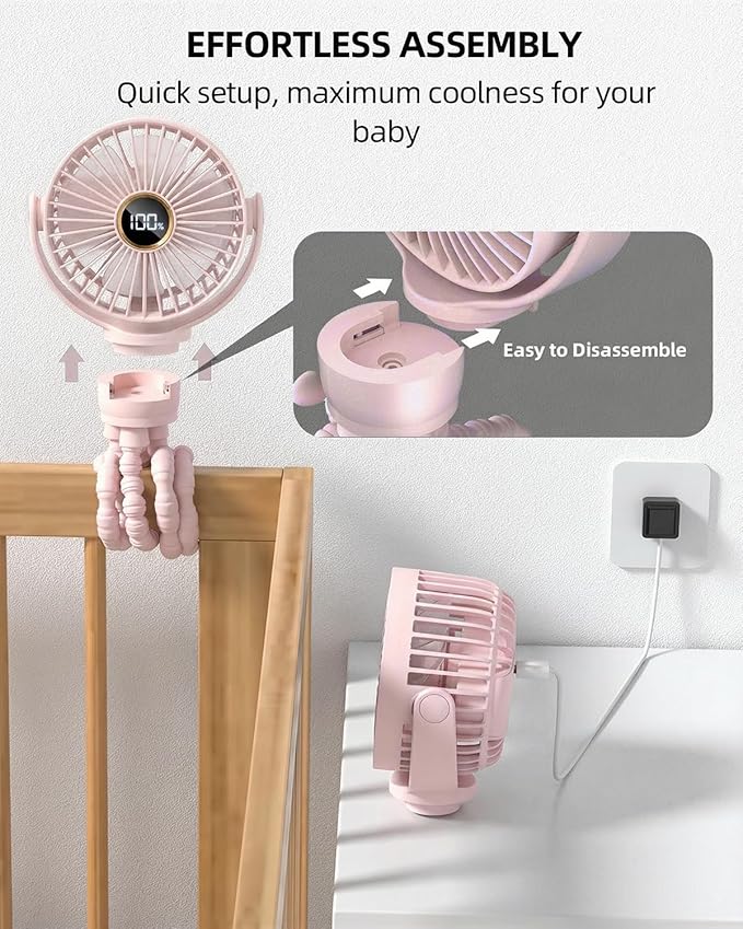 Portable Stroller Mini Fan, Small Rechargeable Personal Cooler w/ 360° Rotation, 3-Speed, Display, Battery Powered Stroller Accessories, Baby Essentials for Car Seat, Crib, Bike, Treadmill, Sakura