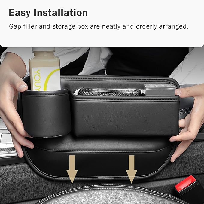 Car Seat Gap Filler Organizer with Cup Holder, Premium PU Leather Interior Accessories for Phone,Sunglasses,Keys, and Small Items, Universal Fit for Car, SUV and Truck,2-Packs Black