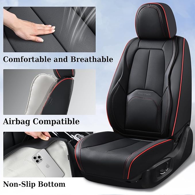 Coverado Seat Covers, Car Seat Covers Front Seats, Nappa Leather Seat Covers for Cars, Waterproof Car Seat Protector with Lumbar Support, Front Seat Covers Universal Fit for Most Cars (Black&Red)