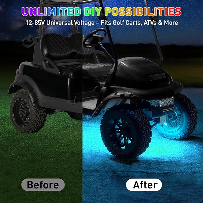 Golf Cart Underglow LED Light Strip Kit, 28 RGB Modes with Music Sync & Wireless Remote | 12-85V Wide Voltage, Fit Club Car, EZGO, Yamaha (2/4/6 PCS)
