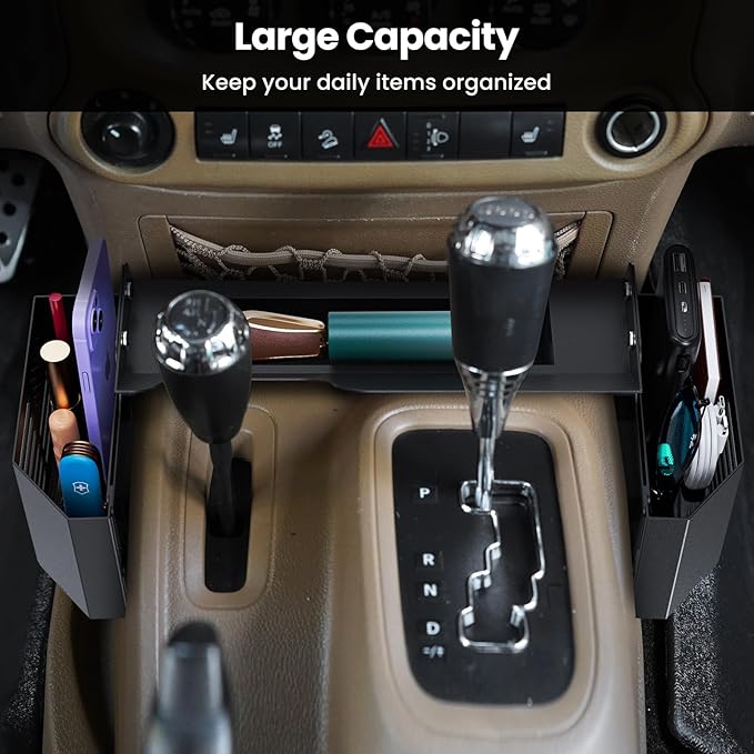 DIAMOOKY Upgraded Metal Magnetic Center Console Organizer for Jeep Wrangler JK JKU 2018 2017 2016 2015 2014 2013 2012 2011 Accessories, Gear Shift Side Storage Box Tray, Integrated (Not for JL/JLU)