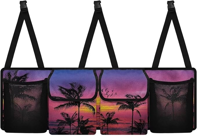 Purple Sunset Palm Hanging Trunk Organizer for SUV Back Seat Organizer with Elastic Net Collapsible Cargo Storage Bag Car Interior Accessories