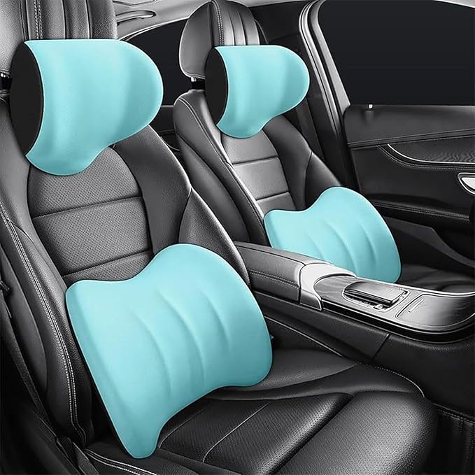 Car Headrest & Lumbar Support Cushion for Hyundai Santa Fe 2010-2023, Ergonomic Car Seat Headrest Memory Foam Neck and Back Pillow Kit Breathable Removable for Driving Fatigue Relief,C/Blue