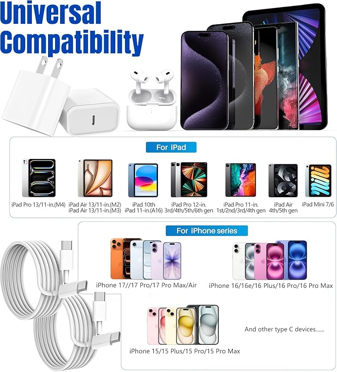 Fast iPad Charger,iPad Charger Fast Charging 2Pack Wall Chargers Plug Adapter Type C USB C to C Cable Cord 6ft for iPad Pro 12.9,iPad Pro 11/13inch(M4),iPad Air 5th/4th,iPad mini 6/7,iPad 10/11th(A16)