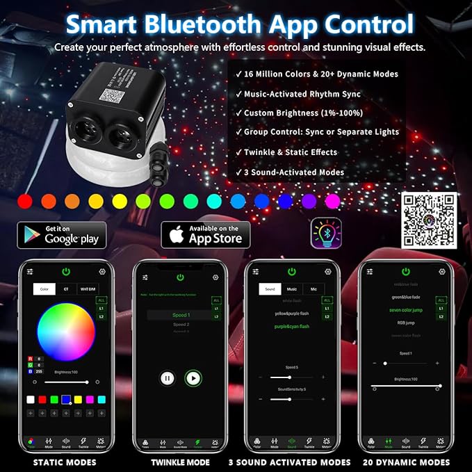 Upgraded 20W Starlight Headliner Kit Twinkle+Sound Activated 900pcs 0.03in 9.8ft Cable Fiber Optic Light APP/Remote Control for Car Home Star Ceiling Decoration