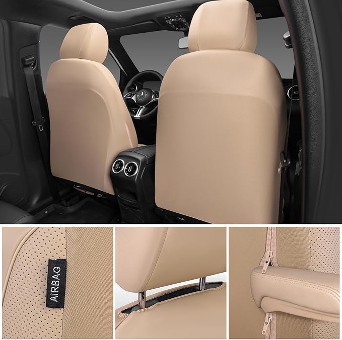 CAR PASS 3D Foam PU Leather Car Seat Covers, Universal Seat Covers Full Sets for Trucks SUV Sedan Automotive Seat Covers Armrest Airbag Compatible Waterproof Comfortable Faux Nappa Leather All Beige