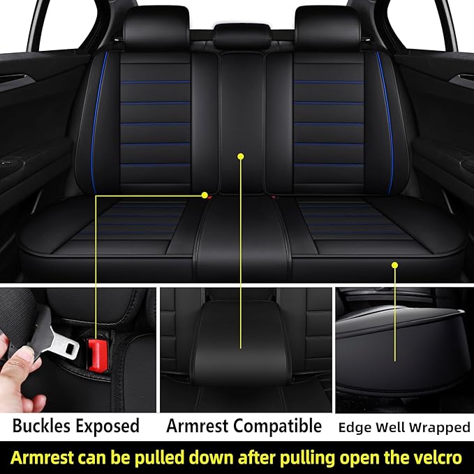 CAPITAUTO Seat Covers, Car Seat Covers Full Set, Black Car Seat Cover, Car Seat Covers Front Seats Back Seat Cover, Waterproof Faux Leather Seat Covers Fit for Most Cars Trucks SUV(Black&Blue)
