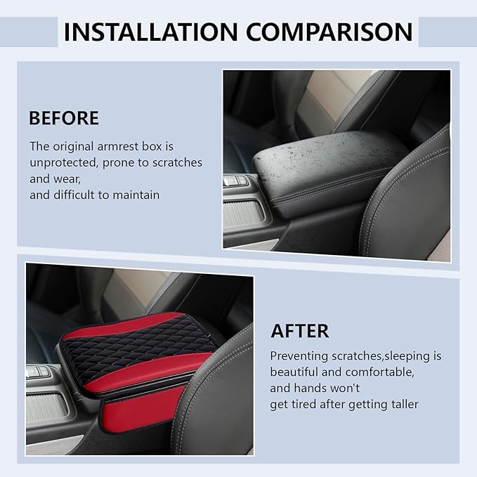 Leather Car Center Console Cover,Upgraded Center Console Cushion Pad with Side Pockets,Patchwork Arm Rest Cover for Car,Waterproof Armrest Seat Box Covers,Universal for Most Vehicles (Red)