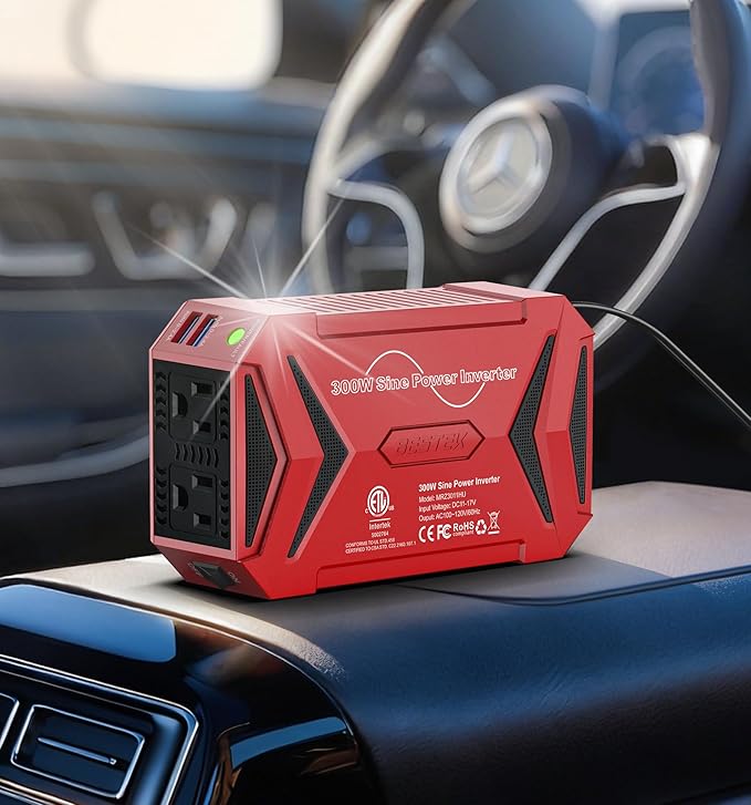 BESTEK Pure Sine Wave Power Inverter - 300W Car Plug in Charger Outlet DC 12V to 110V AC - Cigarette Lighter Adapter 4.8A Dual USB Fast Charging Ports for Laptop - Aluminum Housing - Red