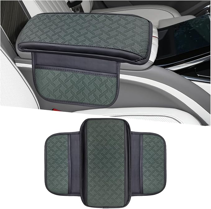 Car Center Console Cover, Leather Car Armrest Storage Box Protector Pad, Middle Console Cover with 2 Side Storage Bags, Vehicle Armrest Cushion for Most Cars, Trucks, SUVs (Black Dark Green)