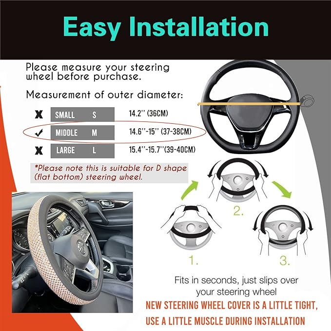 PINCTROT D Shaped Bling Comfy Steering Wheel Cover with Jumbo Crystal Rhinestones, Anti-Slip Diamond Leather, Flat Bottom 14.5-15 Inch (Gold)