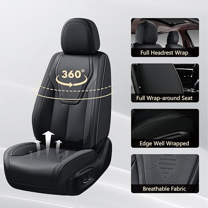 FLORICH Front Car Seat Covers, Luxury Waterproof Faux Leather Seat Covers Cushion, Black Car Seat Cover Protectors Universal Fit for Most 5 Seats Vehicles - Black