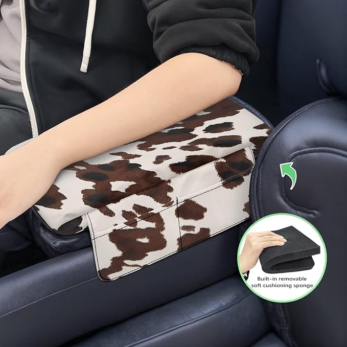 Dreaweet Brown Cow Print Center Console Cover Thick Arm Rest Cover for Car Women Cute Car Accessories Interior Comfy Anti Slip Middle Console Cushion Cover Pad with Pockets