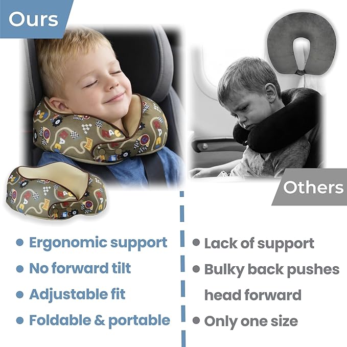 SKYTRAX® Certified Kids Safe Memory Foam Travel Neck Pillows for Kids and Toddlers, Cute Cartoon Design, Car Seat & Airplane Head Neck Support, Adjustable Snap Buttons, Washable Soft Cover (Racecar)