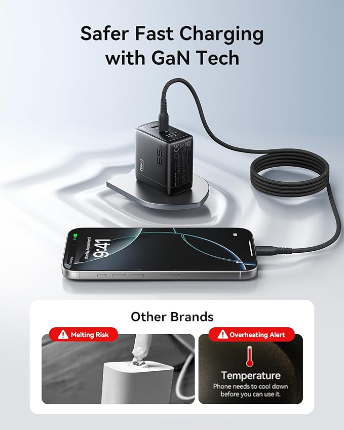 INIU 65W USB C Charger Block, 3-Port GaN Fast Charging Adapter with 100W Cable & Advanced Protection, Foldable Travel Charger for iPhone 17 16 15 Pro Max, iPad, Samsung S26 S25 Ultra, Pixel 10 9 etc