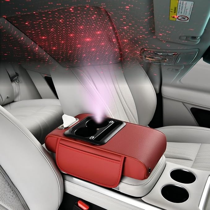 Car Armrest Pad Cover with Red Starry Sky LED Projection, Dual Type-C Charging Ports, Leather Car Center Console Cushion with Cup Holder, Tissue Holder (Red Starry Sky LED Projection, Burgundy)