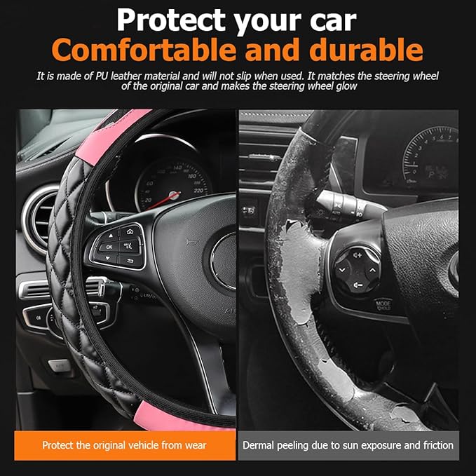 Carbon Fiber Car Steering Wheel Cover, Leather Breathable Non-Slip 14.5-15 Inch Vehicle Steering Wheel Protector, Auto Interior Protection Accessories, Universal for SUV Sedan Truck(Pink)