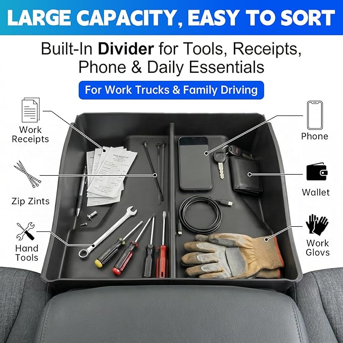 Floor Console Organizer Fits for 2015-2026 Ford F150 & 2017-2026 F250 F350 F450 Center Console Storage Compatible with F150-450 Jump Seat/Bench Seat Accessories Large Capacity Armrest Tray